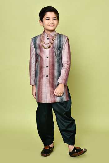 Buy_Petite Pomme_Multi Color Velvet, Satin, Polyester Striped Sherwani And Dhoti Pant Set 