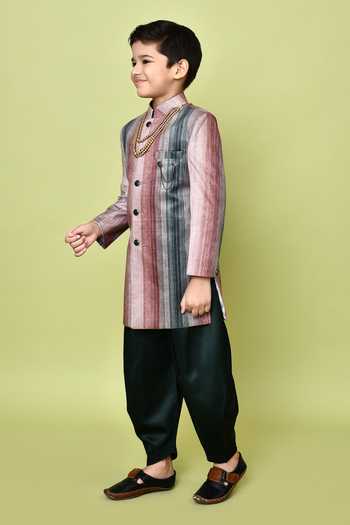 Shop_Petite Pomme_Multi Color Velvet, Satin, Polyester Striped Sherwani And Dhoti Pant Set 