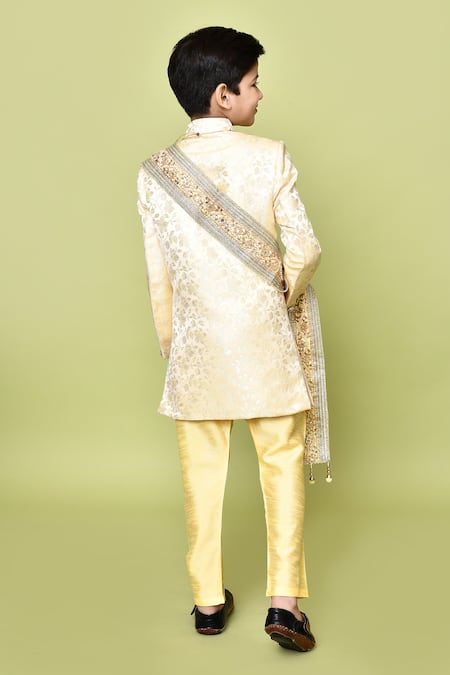 Shop_Petite Pomme_Beige Silk, Jacquard, Linen Embroidery Floral Woven Sherwani Set_at_Aza_Fashions