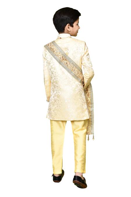 Buy Petite Pomme Beige Silk, Jacquard, Linen Embroidery Floral Woven Sherwani Set Online at Aza Fashions Buy_Petite Pomme_Beige Silk, Jacquard, Linen Embroidery Floral Woven Sherwani Set_Online_at_Aza_Fashions