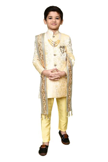 Shop Petite Pomme Beige Silk, Jacquard, Linen Embroidery Floral Woven Sherwani Set Online at Aza Fashions Shop_Petite Pomme_Beige Silk, Jacquard, Linen Embroidery Floral Woven Sherwani Set_Online_at_Aza_Fashions