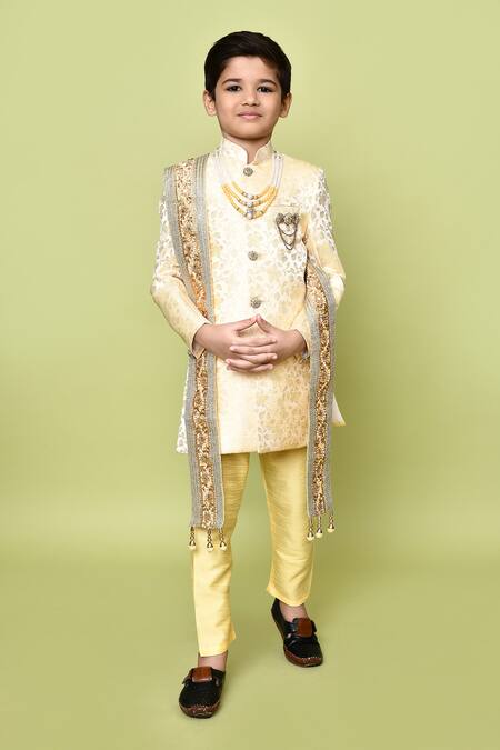 Petite Pomme_Beige Silk, Jacquard, Linen Embroidery Floral Woven Sherwani Set_at_Aza_Fashions