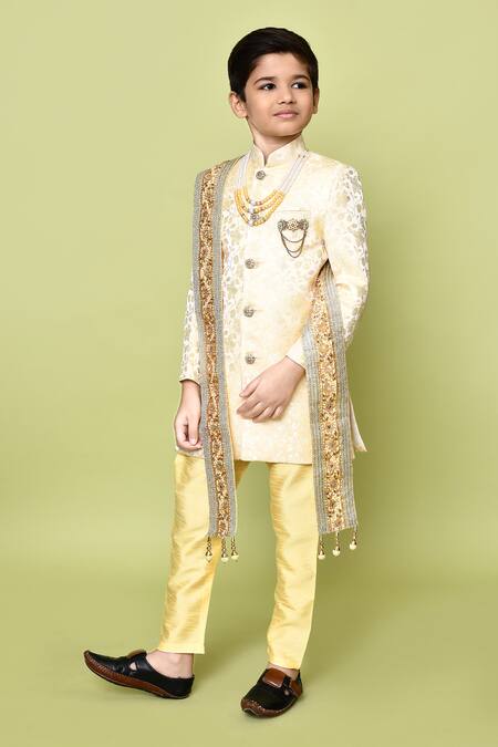 Buy_Petite Pomme_Beige Silk, Jacquard, Linen Embroidery Floral Woven Sherwani Set