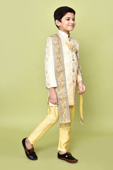 Shop_Petite Pomme_Beige Silk, Jacquard, Linen Embroidery Floral Woven Sherwani Set
