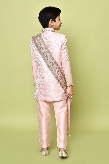 Shop_Petite Pomme_Peach Silk, Jacquard, Polyester Embroidery Flower Woven Sherwani Set_at_Aza_Fashions