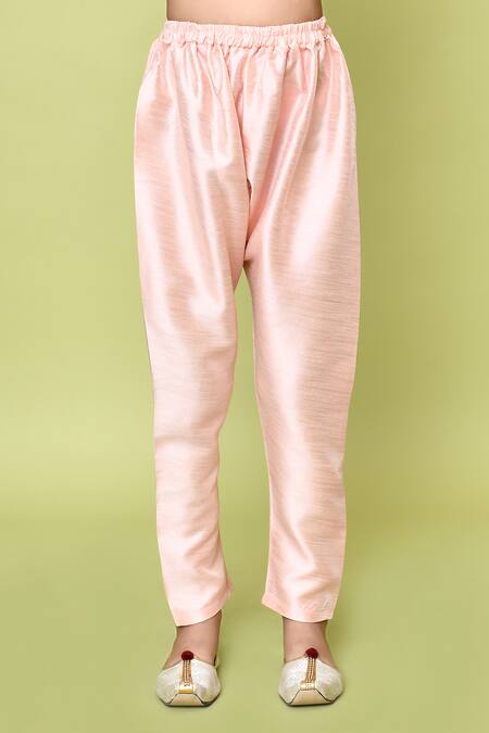 Petite Pomme_Peach Silk, Jacquard, Polyester Embroidery Flower Woven Sherwani Set_Online_at_Aza_Fashions