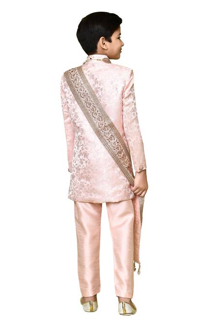 Buy Petite Pomme Peach Silk, Jacquard, Polyester Embroidery Flower Woven Sherwani Set Online at Aza Fashions Buy_Petite Pomme_Peach Silk, Jacquard, Polyester Embroidery Flower Woven Sherwani Set_Online_at_Aza_Fashions