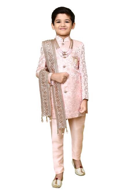 Shop Petite Pomme Peach Silk, Jacquard, Polyester Embroidery Flower Woven Sherwani Set Online at Aza Fashions Shop_Petite Pomme_Peach Silk, Jacquard, Polyester Embroidery Flower Woven Sherwani Set_Online_at_Aza_Fashions