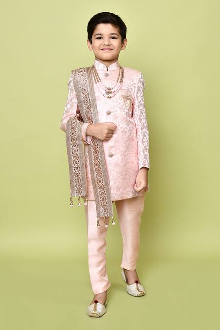 Petite Pomme_Peach Silk, Jacquard, Polyester Embroidery Flower Woven Sherwani Set_at_Aza_Fashions