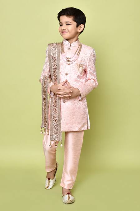 Buy_Petite Pomme_Peach Silk, Jacquard, Polyester Embroidery Flower Woven Sherwani Set