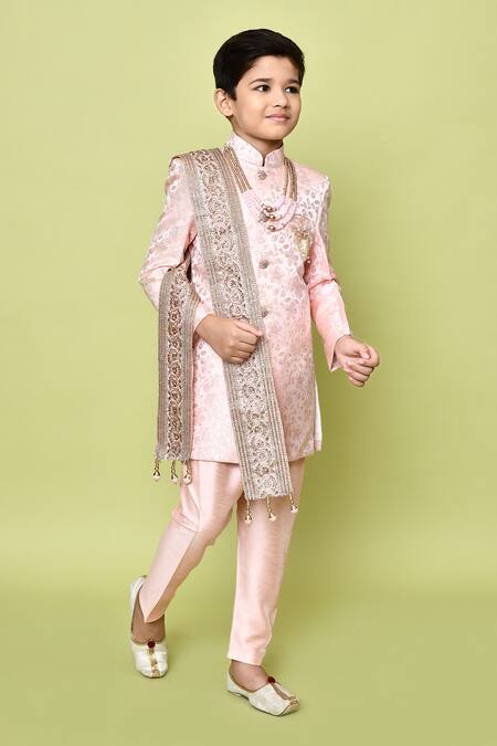 Shop_Petite Pomme_Peach Silk, Jacquard, Polyester Embroidery Flower Woven Sherwani Set