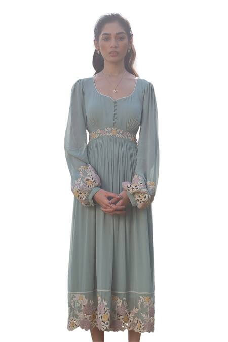 Summer By Priyanka Gupta Green Georgette Embroidery Asymmetric Gardenia Cutwork Dress Online at Aza Fashions Summer By Priyanka Gupta_Green Georgette Embroidery Asymmetric Gardenia Cutwork Dress_Online_at_Aza_Fashions