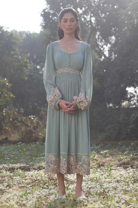 Buy_Summer By Priyanka Gupta_Green Georgette Embroidery Asymmetric Gardenia Cutwork Dress_Online_at_Aza_Fashions
