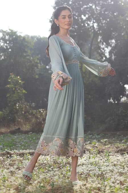 Shop_Summer By Priyanka Gupta_Green Georgette Embroidery Asymmetric Gardenia Cutwork Dress_Online_at_Aza_Fashions