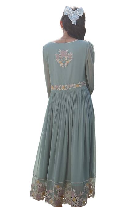 Summer By Priyanka Gupta Green Georgette Embroidery Asymmetric Gardenia Cutwork Dress at Aza Fashions Summer By Priyanka Gupta_Green Georgette Embroidery Asymmetric Gardenia Cutwork Dress_at_Aza_Fashions