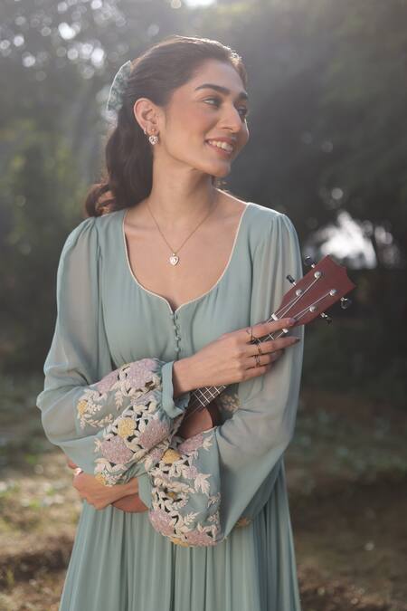 Buy_Summer By Priyanka Gupta_Green Georgette Embroidery Asymmetric Gardenia Cutwork Dress