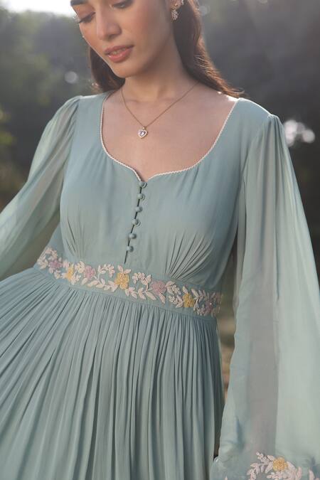 Shop_Summer By Priyanka Gupta_Green Georgette Embroidery Asymmetric Gardenia Cutwork Dress