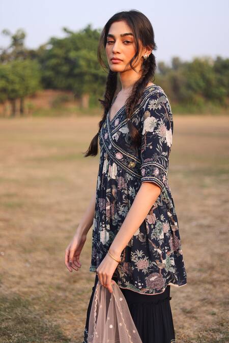 Buy_Summer By Priyanka Gupta_Blue Georgette Embroidery, Sequins Gardenia Floral Print Kurta Gharara Set_Online_at_Aza_Fashions