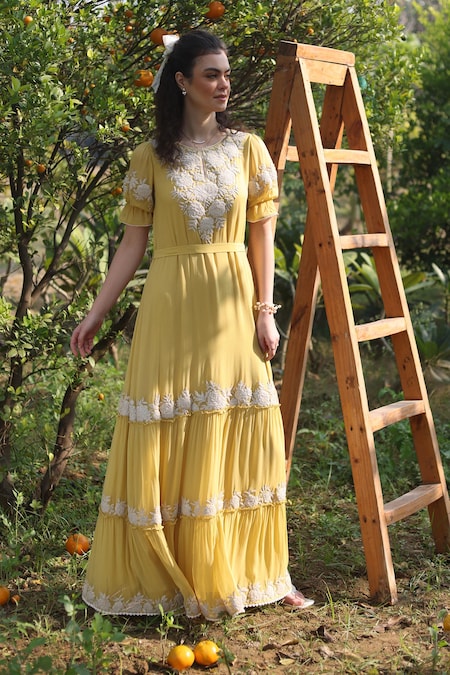 SUMMER BY PRIYANKA GUPTA Yellow Georgette Embroidered Floral Round Gardenia Harvest Maxi Dress