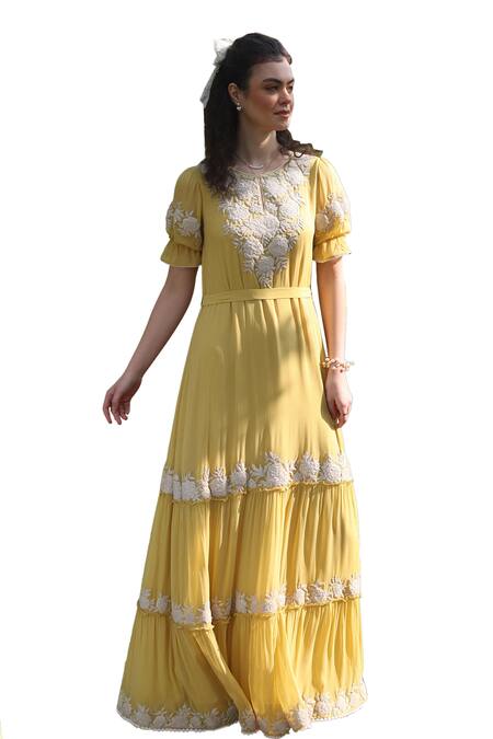 Summer By Priyanka Gupta_Yellow Georgette Embroidery Round Neck Gardenia Harvest Maxi Dress_Online_at_Aza_Fashions