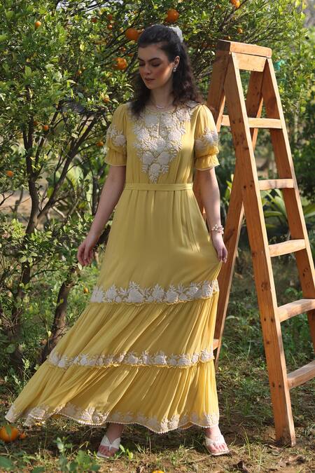 Buy_Summer By Priyanka Gupta_Yellow Georgette Embroidery Round Neck Gardenia Harvest Maxi Dress_Online_at_Aza_Fashions