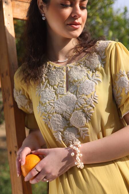 Buy_Summer By Priyanka Gupta_Yellow Georgette Embroidery Round Neck Gardenia Harvest Maxi Dress