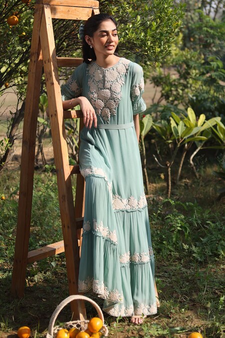 SUMMER BY PRIYANKA GUPTA Blue Georgette Embroidered Floral Round Gardenia Harvest Maxi Dress