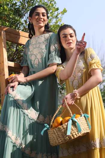 Summer By Priyanka Gupta_Blue Georgette Embroidery Round Neck Gardenia Harvest Floral Maxi Dress_Online_at_Aza_Fashions