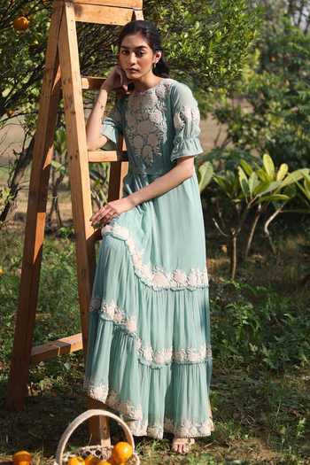 Buy_Summer By Priyanka Gupta_Blue Georgette Embroidery Round Neck Gardenia Harvest Floral Maxi Dress_Online_at_Aza_Fashions