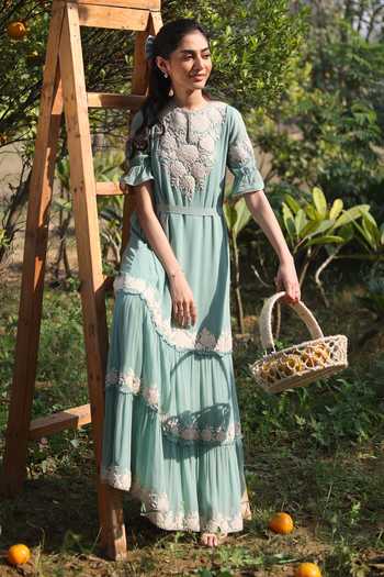 Shop_Summer By Priyanka Gupta_Blue Georgette Embroidery Round Neck Gardenia Harvest Floral Maxi Dress_Online_at_Aza_Fashions