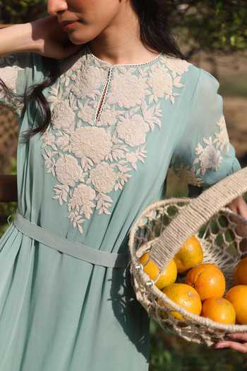 Summer By Priyanka Gupta_Blue Georgette Embroidery Round Neck Gardenia Harvest Floral Maxi Dress_at_Aza_Fashions