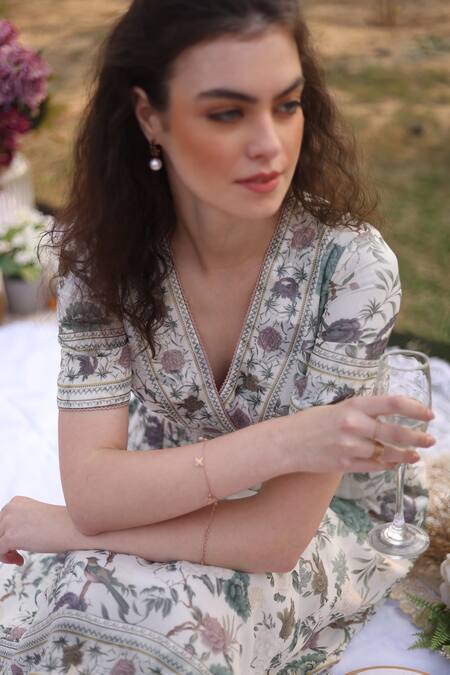 Buy_Summer By Priyanka Gupta_Ivory Georgette Embroidery V-neck Gardenia Printed Wrap-around Dress_Online_at_Aza_Fashions