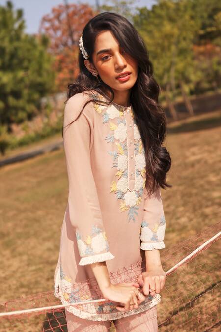 Shop Summer By Priyanka Gupta Pink Georgette Embroidery Round Neck Harvest Kurta And Pant Set at Aza Fashions Shop_Summer By Priyanka Gupta_Pink Georgette Embroidery Round Neck Harvest Kurta And Pant Set_at_Aza_Fashions