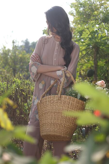 Shop_Summer By Priyanka Gupta_Pink Georgette Embroidery Round Neck Harvest Pleated Kurta And Pant Set_Online_at_Aza_Fashions