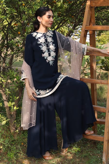 SUMMER BY PRIYANKA GUPTA Blue Georgette Embroidered Floral Round Harvest Kurta Sharara Set