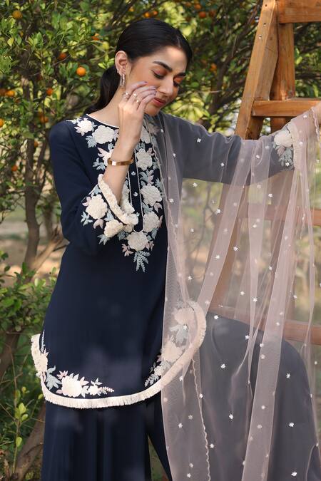 Shop Summer By Priyanka Gupta Blue Georgette Embroidery Round Neck Harvest Kurta Sharara Set at Aza Fashions Shop_Summer By Priyanka Gupta_Blue Georgette Embroidery Round Neck Harvest Kurta Sharara Set_at_Aza_Fashions