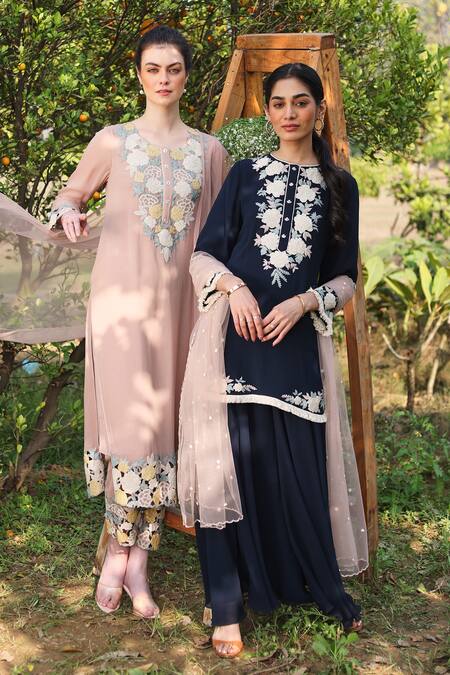 Summer By Priyanka Gupta Blue Georgette Embroidery Round Neck Harvest Kurta Sharara Set Online at Aza Fashions Summer By Priyanka Gupta_Blue Georgette Embroidery Round Neck Harvest Kurta Sharara Set_Online_at_Aza_Fashions