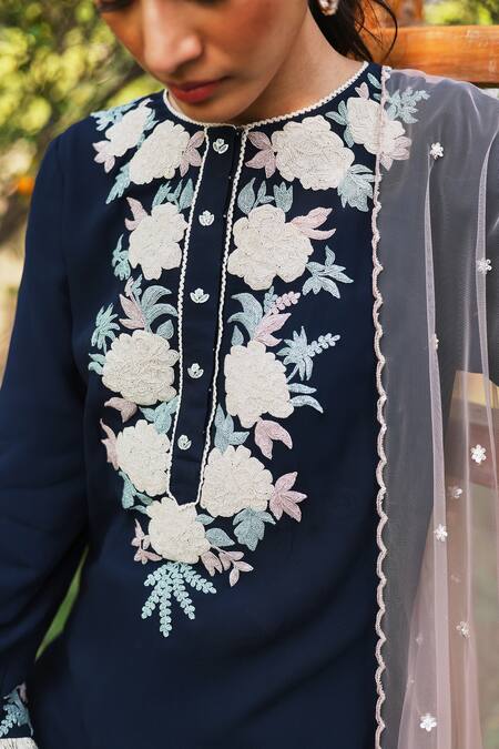 Buy Summer By Priyanka Gupta Blue Georgette Embroidery Round Neck Harvest Kurta Sharara Set Online at Aza Fashions Buy_Summer By Priyanka Gupta_Blue Georgette Embroidery Round Neck Harvest Kurta Sharara Set_Online_at_Aza_Fashions