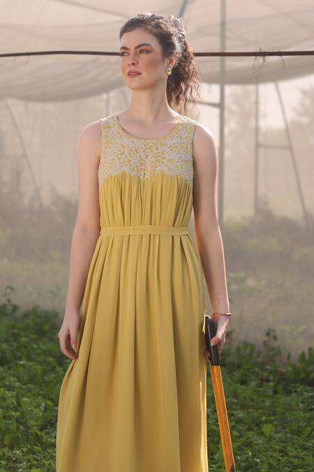 Shop_Summer By Priyanka Gupta_Yellow Georgette Embroidery Round Neck Loop Dress_Online_at_Aza_Fashions