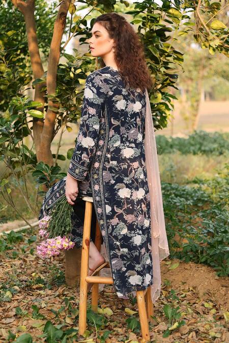 Shop Summer By Priyanka Gupta Blue Georgette Embroidery, Sequins Round Neck Gardenia Printed Kurta Set at Aza Fashions Shop_Summer By Priyanka Gupta_Blue Georgette Embroidery, Sequins Round Neck Gardenia Printed Kurta Set_at_Aza_Fashions