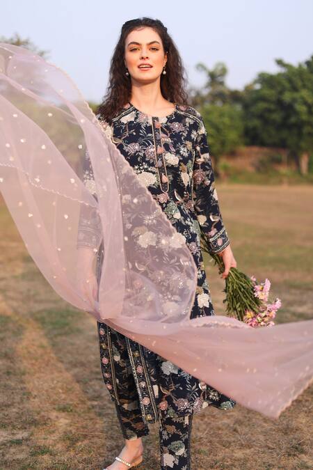 Buy Summer By Priyanka Gupta Blue Georgette Embroidery, Sequins Round Neck Gardenia Printed Kurta Set Online at Aza Fashions Buy_Summer By Priyanka Gupta_Blue Georgette Embroidery, Sequins Round Neck Gardenia Printed Kurta Set_Online_at_Aza_Fashions