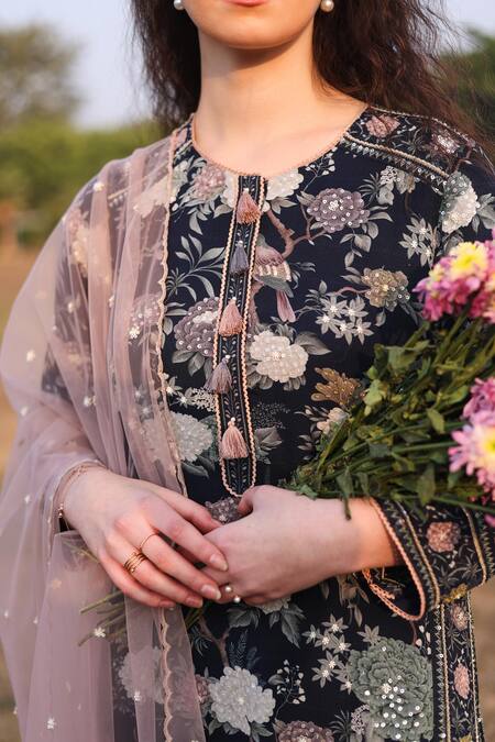 Shop Summer By Priyanka Gupta Blue Georgette Embroidery, Sequins Round Neck Gardenia Printed Kurta Set Online at Aza Fashions Shop_Summer By Priyanka Gupta_Blue Georgette Embroidery, Sequins Round Neck Gardenia Printed Kurta Set_Online_at_Aza_Fashions