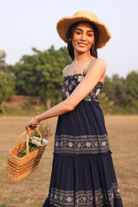 Buy Summer By Priyanka Gupta Blue Georgette Embroidery Square Neck Floral Print Tiered Dress Online at Aza Fashions Buy_Summer By Priyanka Gupta_Blue Georgette Embroidery Square Neck Floral Print Tiered Dress_Online_at_Aza_Fashions