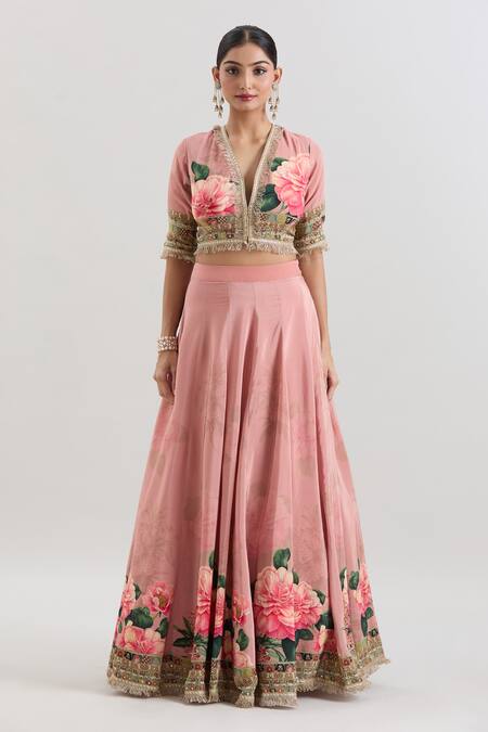 Basanti - Kapde Aur Koffee_Peach Crepe Sequins, Embroidery, Lace V-neck Floral Print And Lehenga Set_Online_at_Aza_Fashions