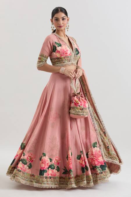 Shop_Basanti - Kapde Aur Koffee_Peach Crepe Sequins, Embroidery, Lace V-neck Floral Print And Lehenga Set_Online_at_Aza_Fashions