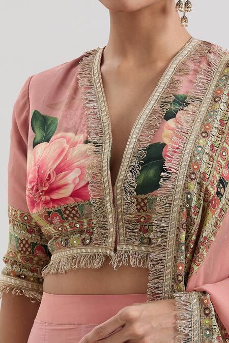 Buy_Basanti - Kapde Aur Koffee_Peach Crepe Sequins, Embroidery, Lace V-neck Floral Print And Lehenga Set_Online_at_Aza_Fashions