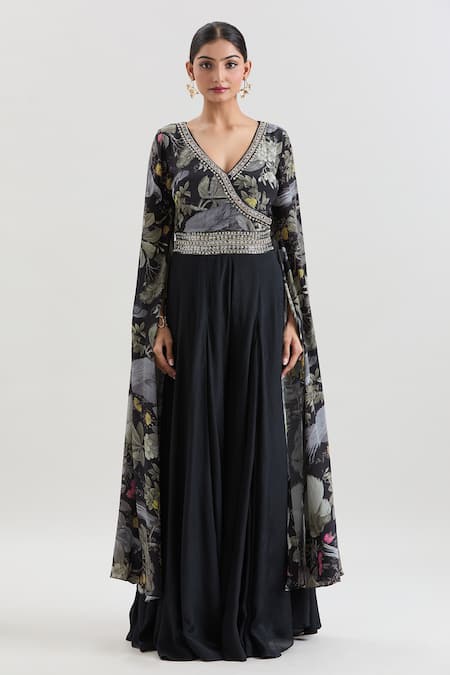 Buy_Basanti - Kapde Aur Koffee X AZA_Black Chiffon Sequins, Beads V-neck Floral Print Draped Jumpsuit _Online_at_Aza_Fashions