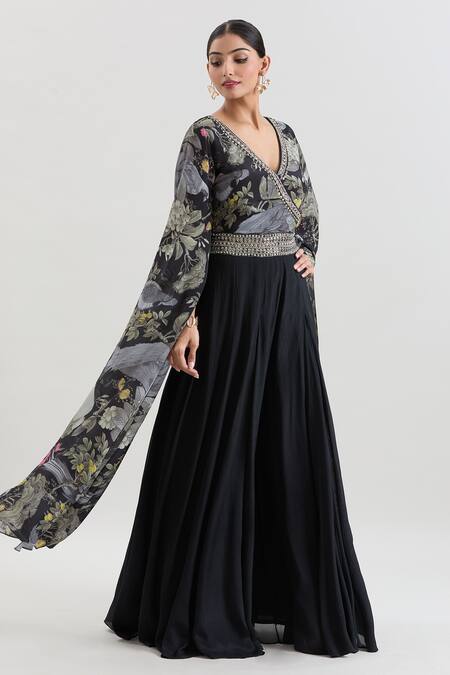 Shop_Basanti - Kapde Aur Koffee X AZA_Black Chiffon Sequins, Beads V-neck Floral Print Draped Jumpsuit _Online_at_Aza_Fashions
