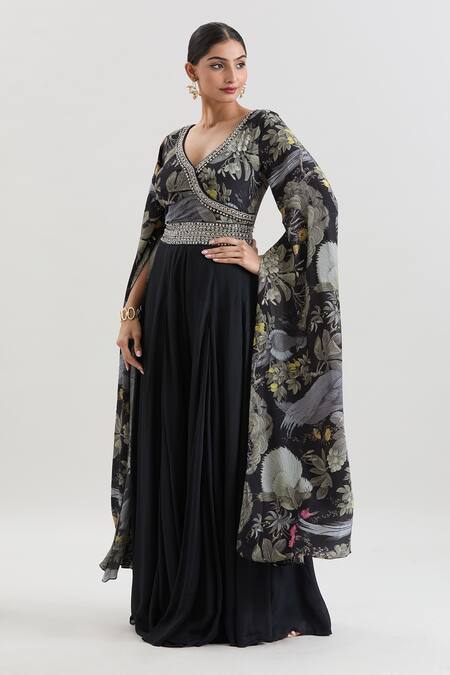 Basanti - Kapde Aur Koffee X AZA_Black Chiffon Sequins, Beads V-neck Floral Print Draped Jumpsuit _at_Aza_Fashions