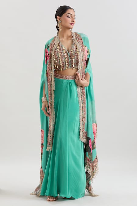 Basanti - Kapde Aur Koffee Green Crepe Sequins, Lace, Embroidery Floral Print Cape And Draped Skirt Set Online at Aza Fashions Basanti - Kapde Aur Koffee_Green Crepe Sequins, Lace, Embroidery Floral Print Cape And Draped Skirt Set_Online_at_Aza_Fashions